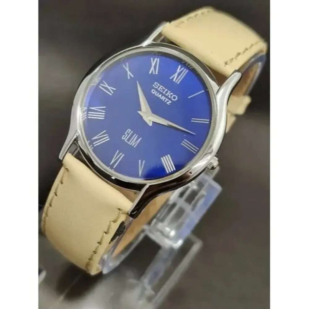 Vintage Style Seiko Quartz Mens Silver Watch & Blue accents W/ Leather Strap